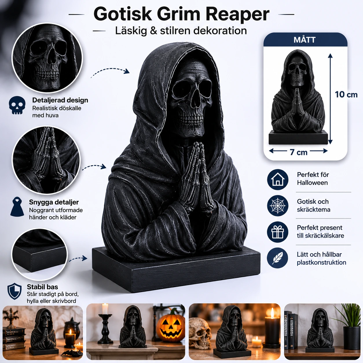 Döskalle Staty Svart – Gotisk Grim Reaper Dekoration