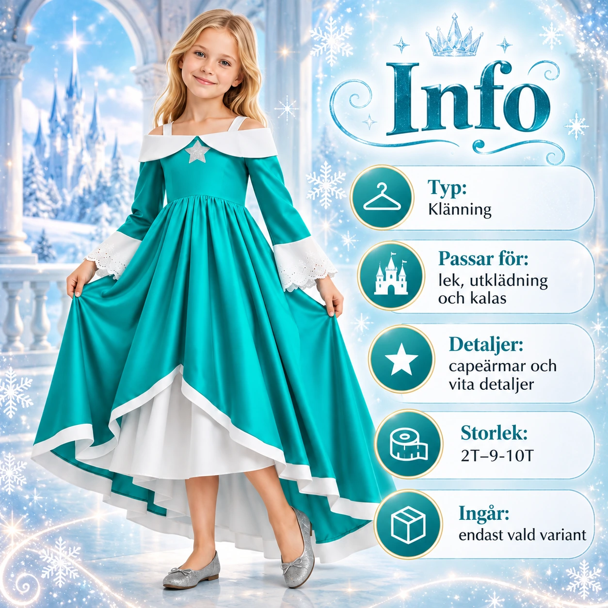 Lasten turkoosi prinsessamekko viittahihoilla