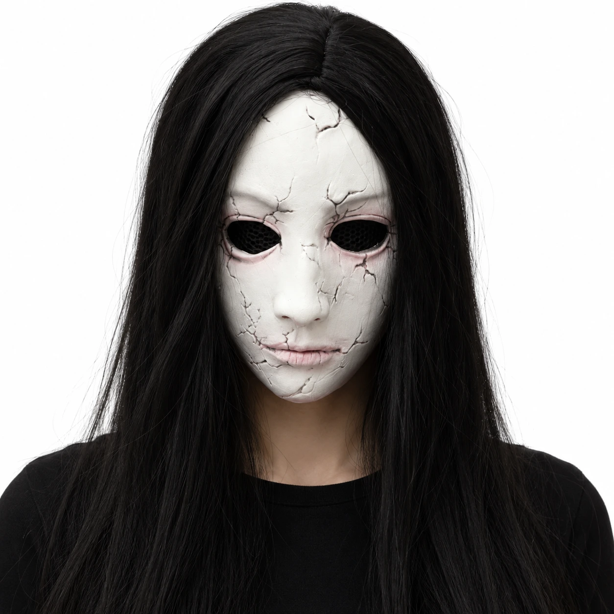 Skräckmask med långt svart hår för maskerad och halloween