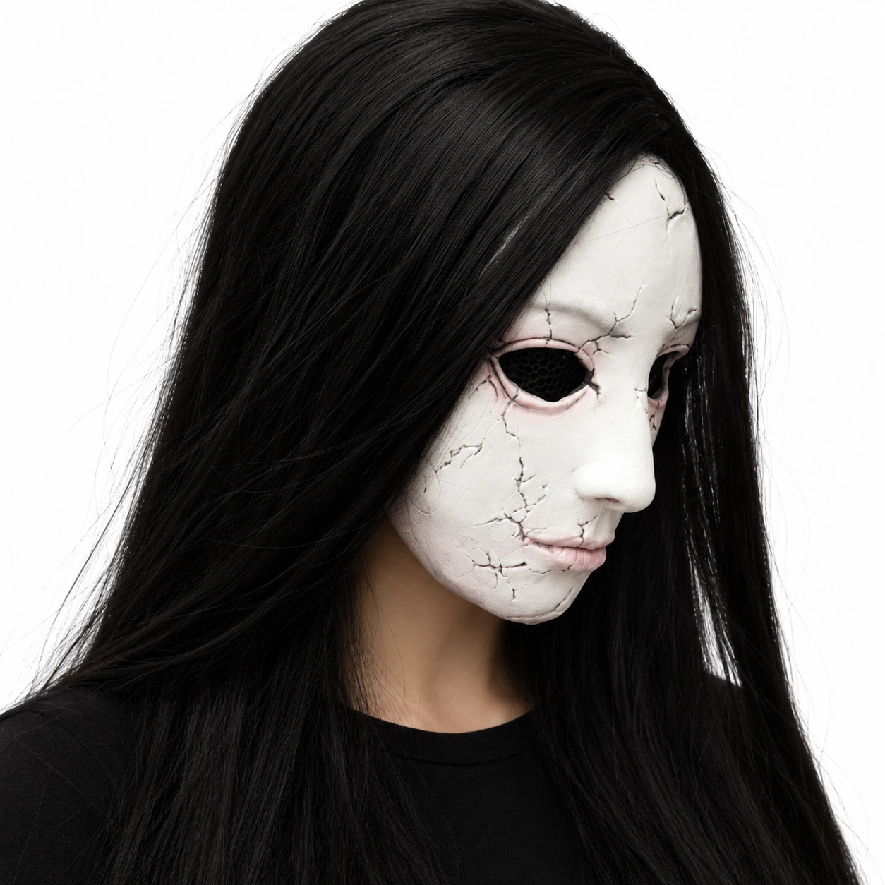 Skräckmask med långt svart hår för maskerad och halloween