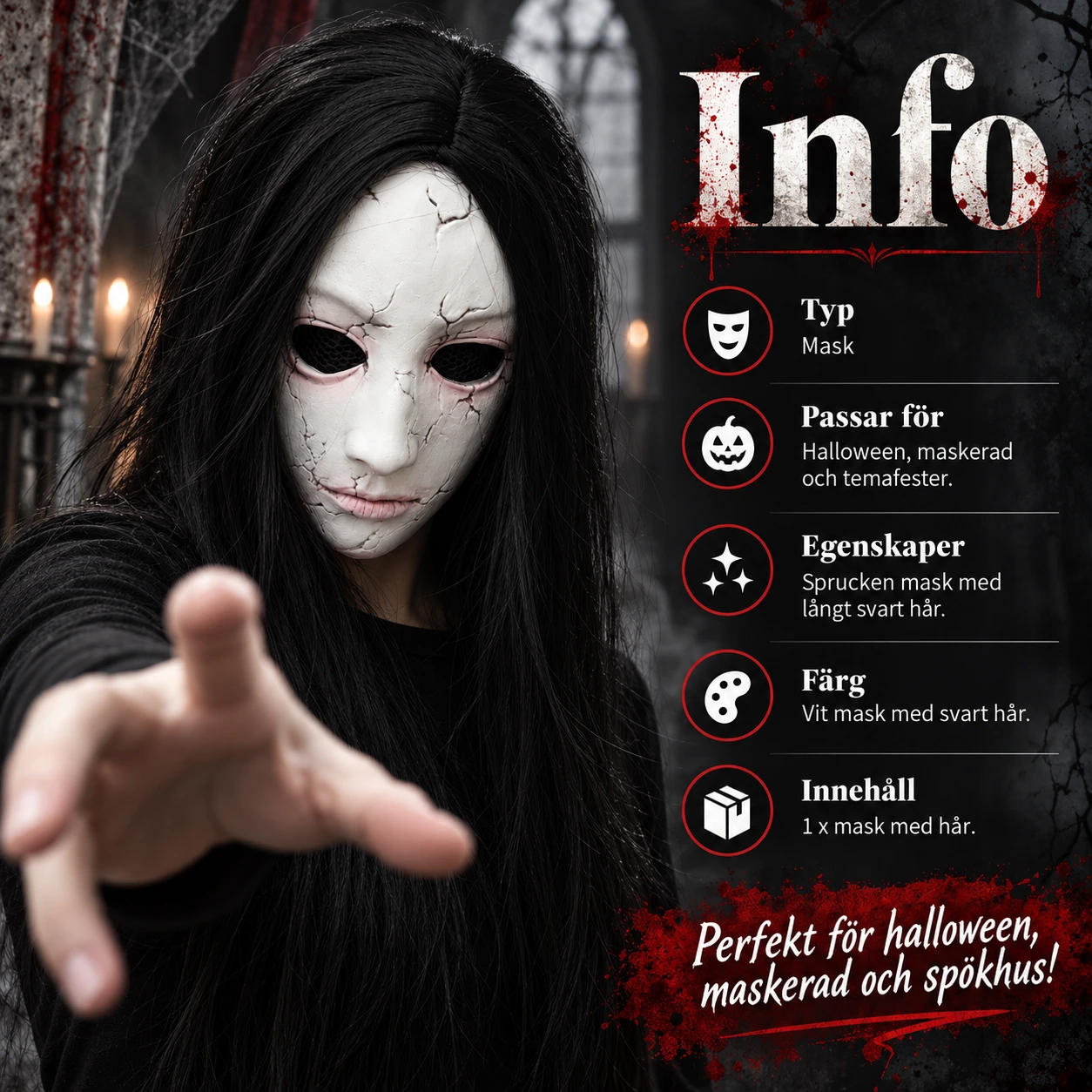 Skräckmask med långt svart hår för maskerad och halloween