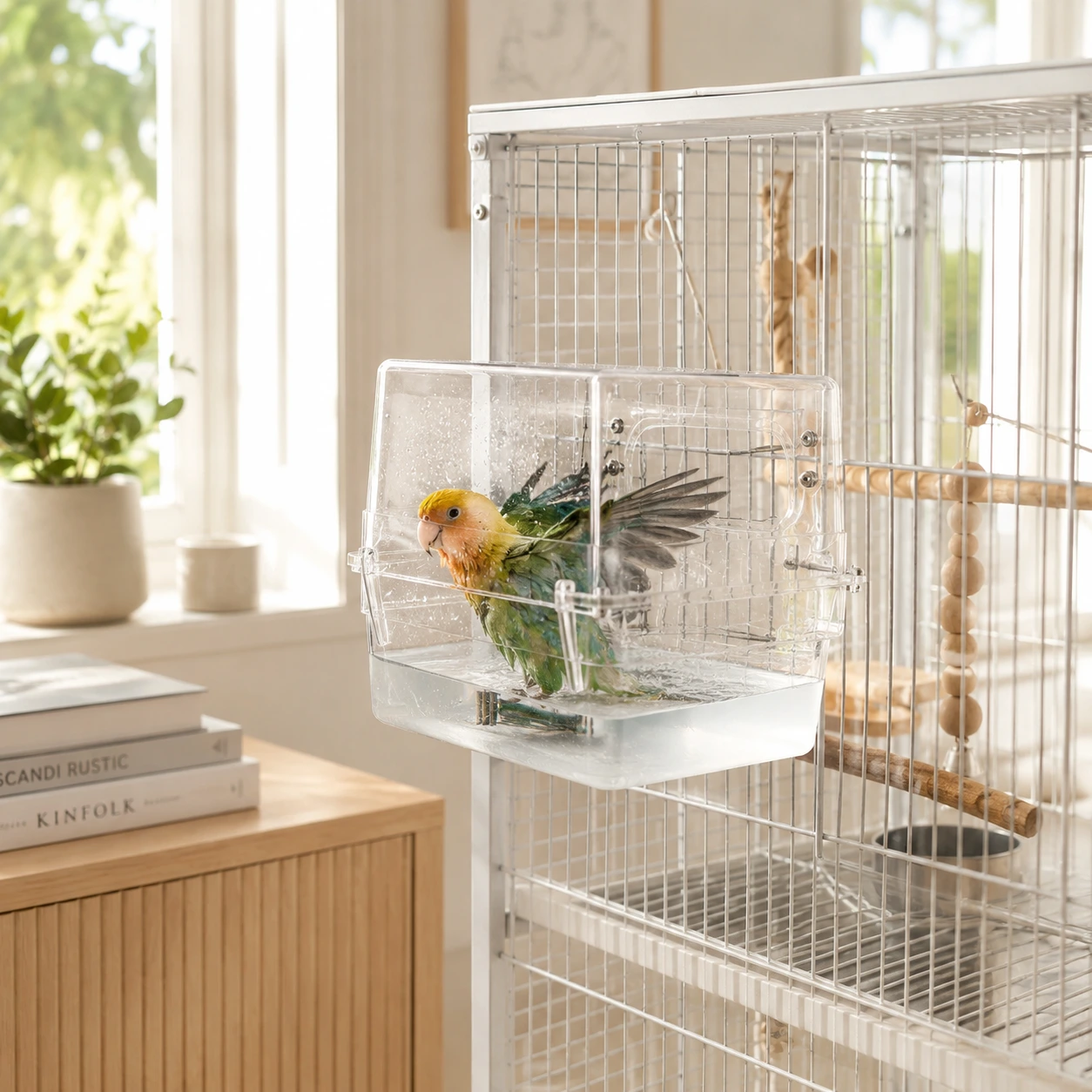 Transparent fågelbad för bur med krokar
