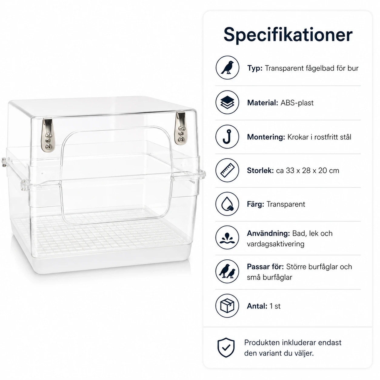 Transparent fågelbad för bur med krokar