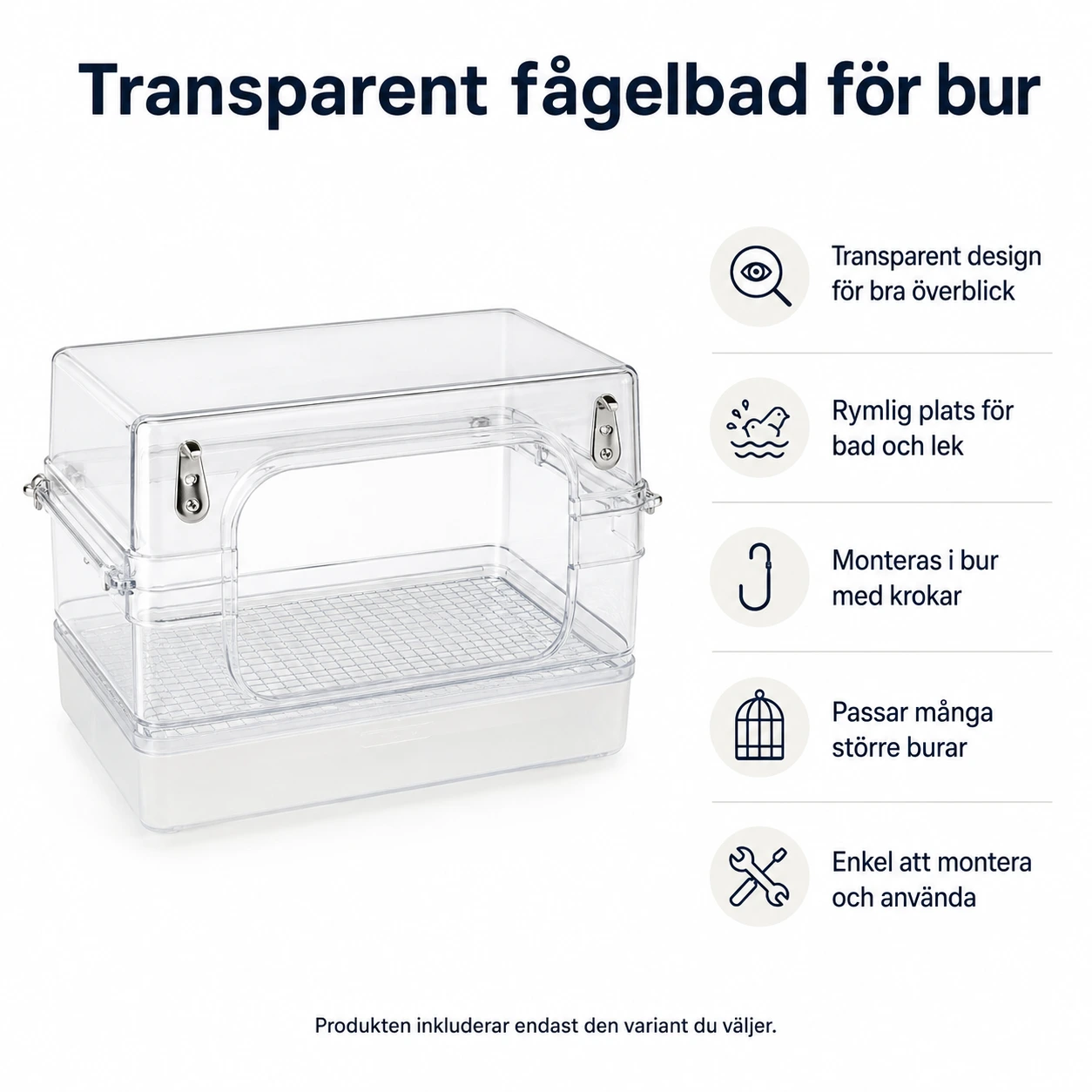 Transparent fågelbad för bur med krokar