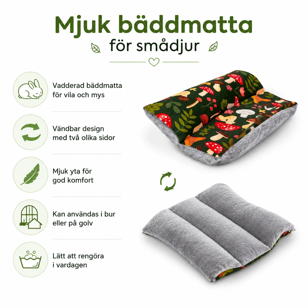 Bäddmatta för smådjur med vändbar design