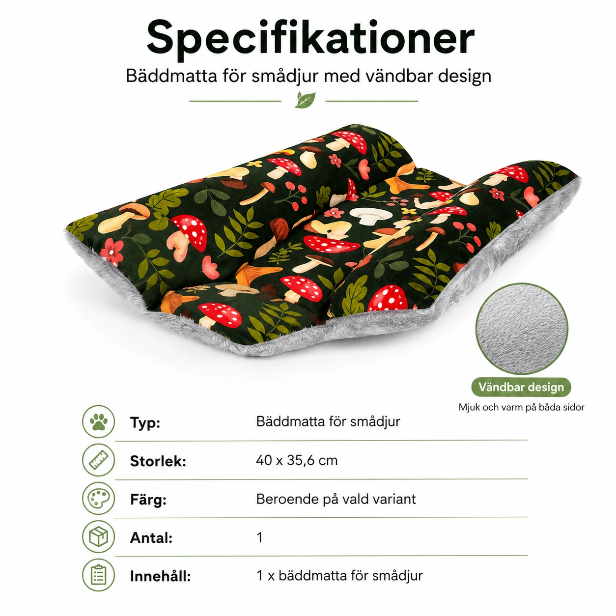 Bäddmatta för smådjur med vändbar design