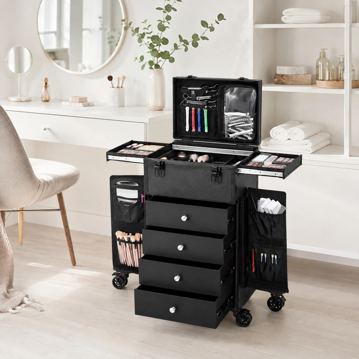Makeup trolley på hjul med lådor och lås