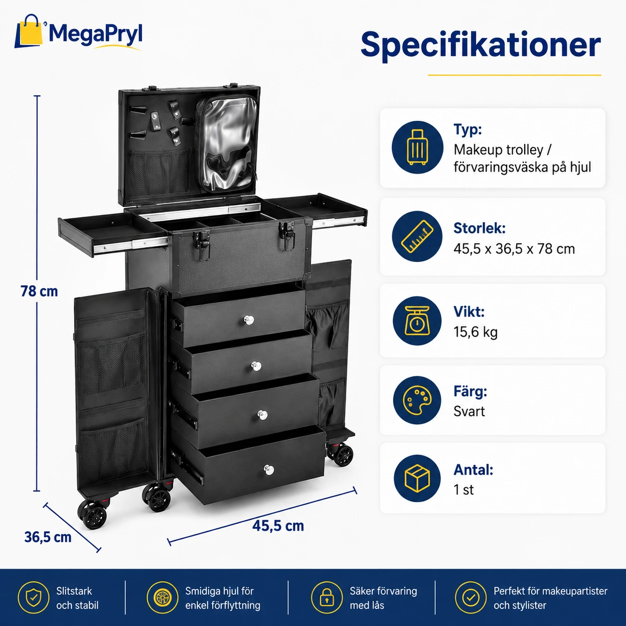 Makeup trolley på hjul med lådor och lås
