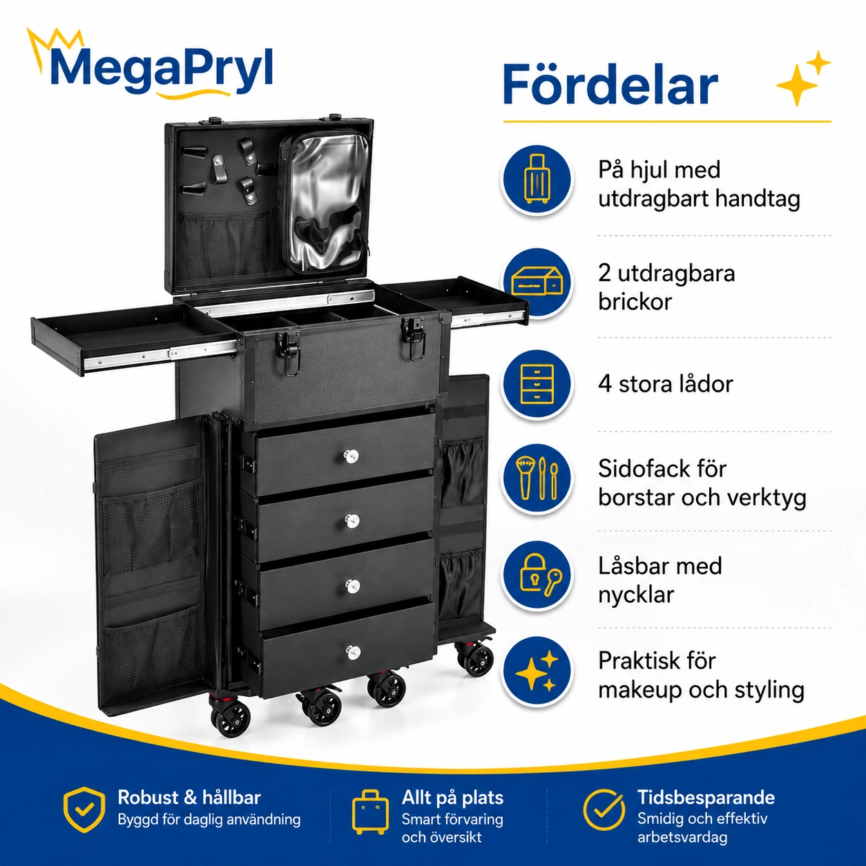 Makeup trolley på hjul med lådor och lås