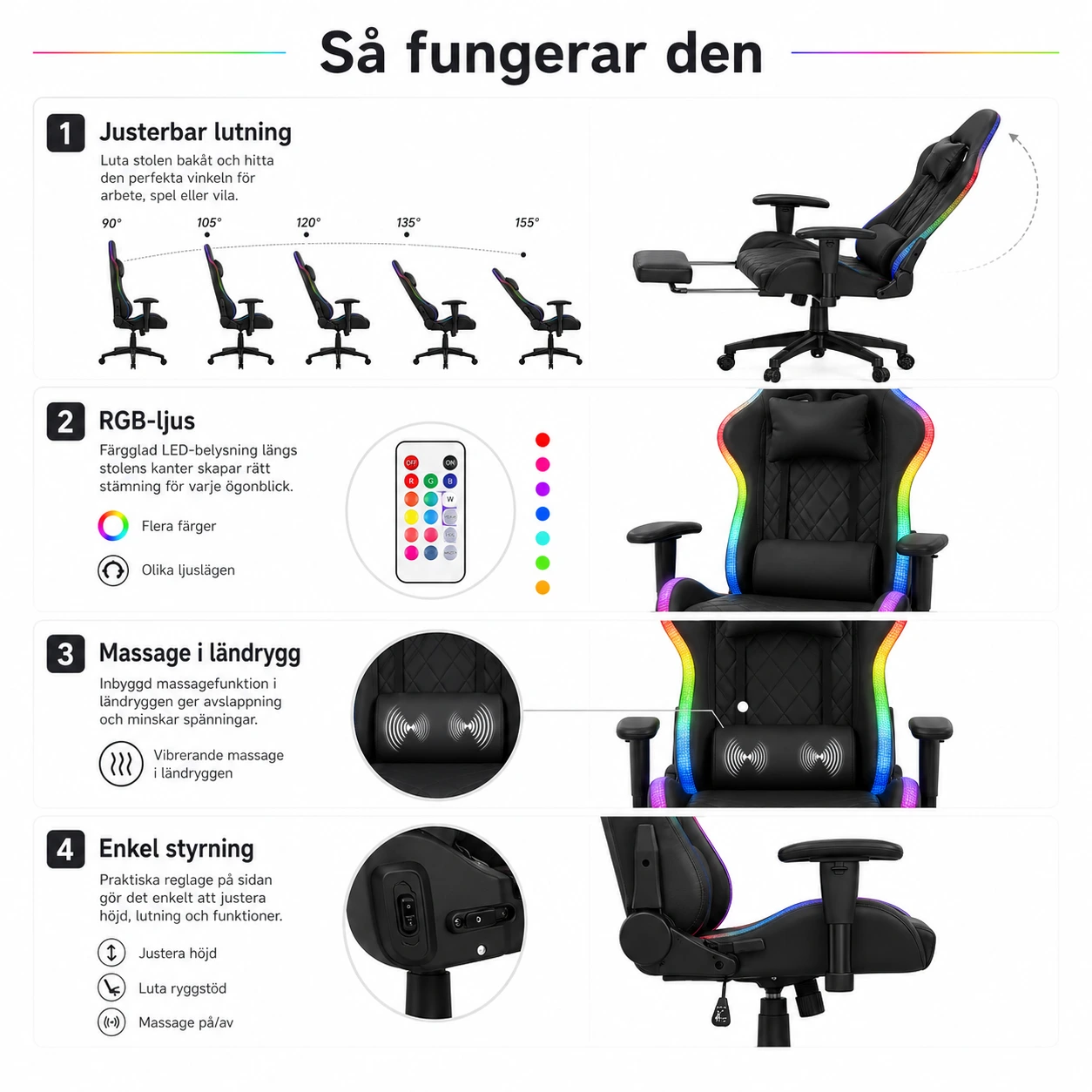 Gamingstol med RGB LED och Massagefunktion