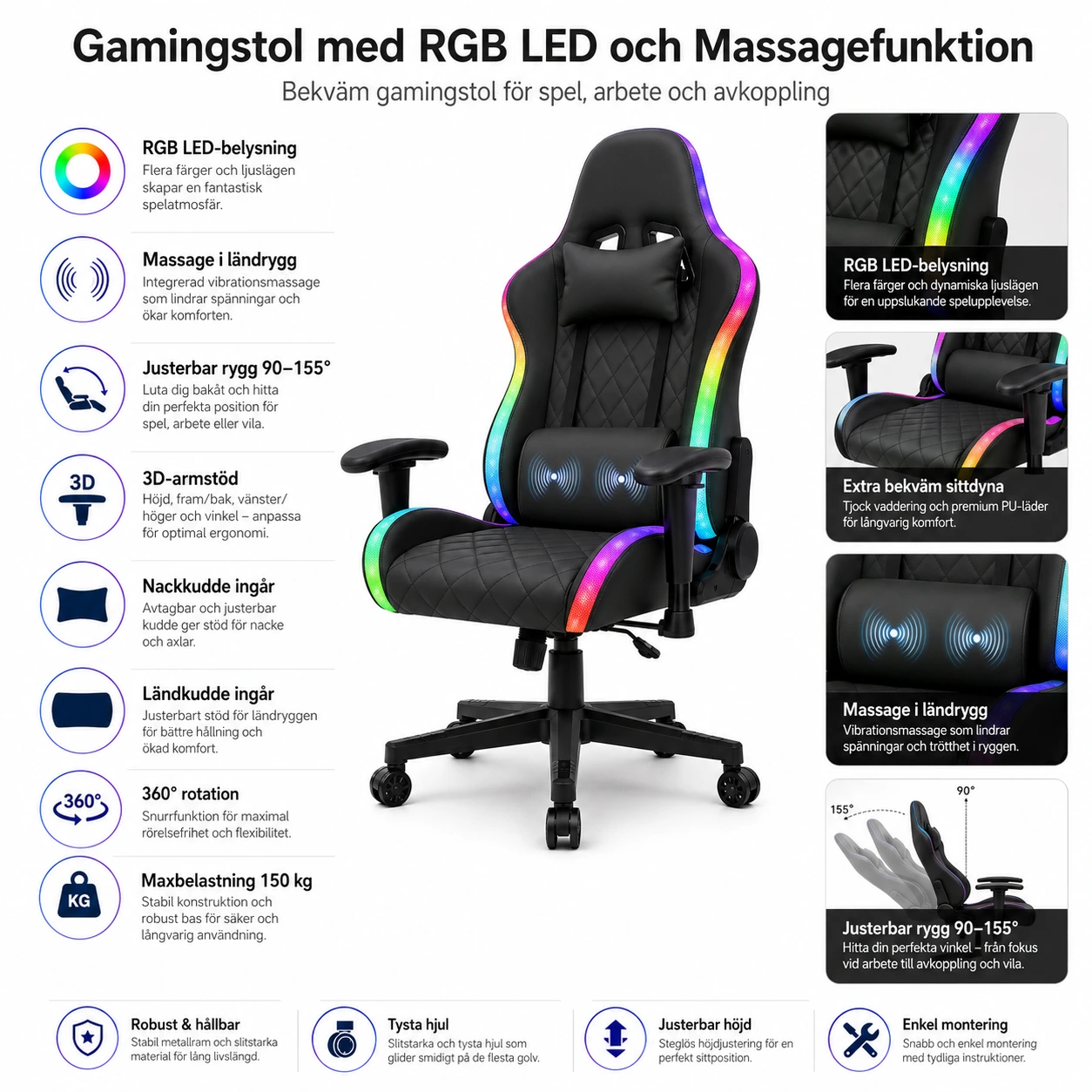 Gamingstol med RGB LED och Massagefunktion