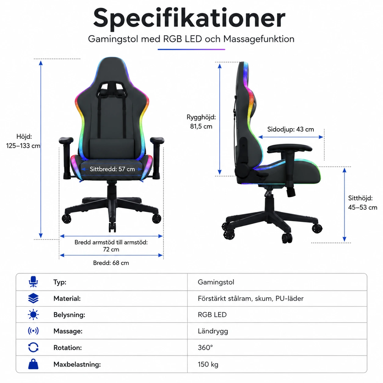 Gamingstol med RGB LED och Massagefunktion