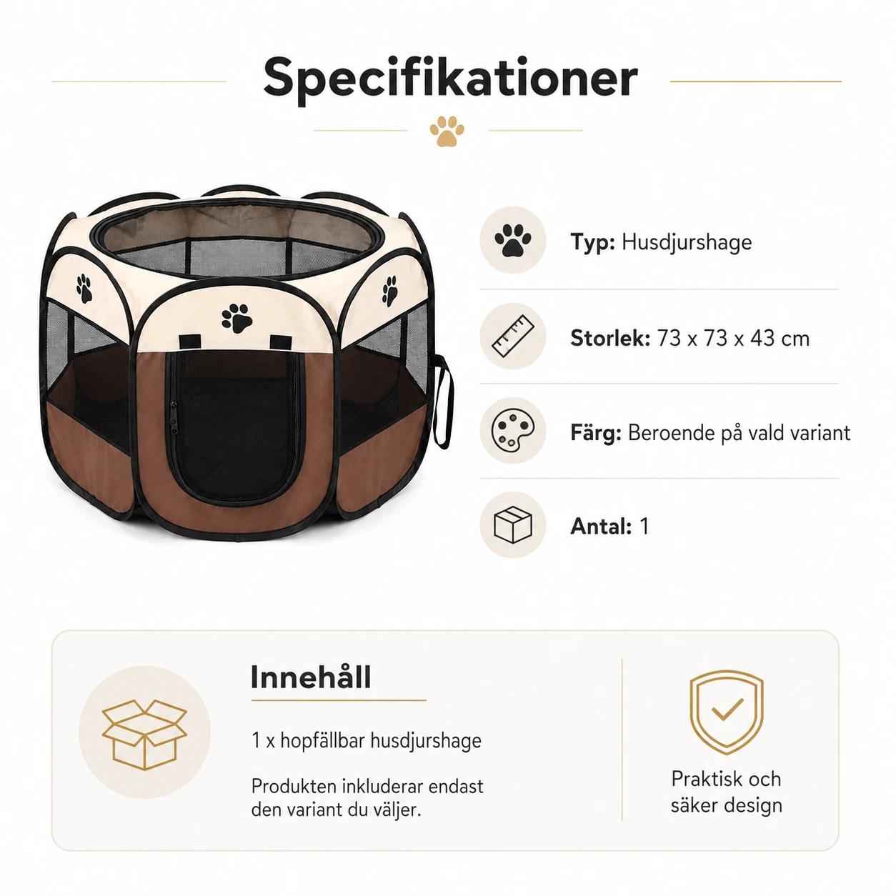 Hopfällbar husdjurshage för katt och smådjur