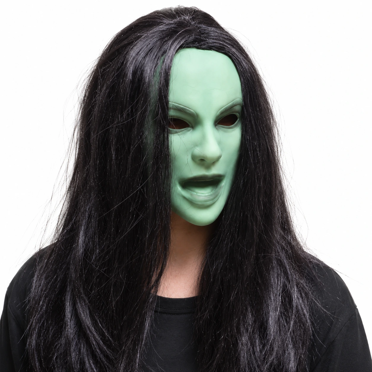 Mask spöke med lång svart peruk, grön