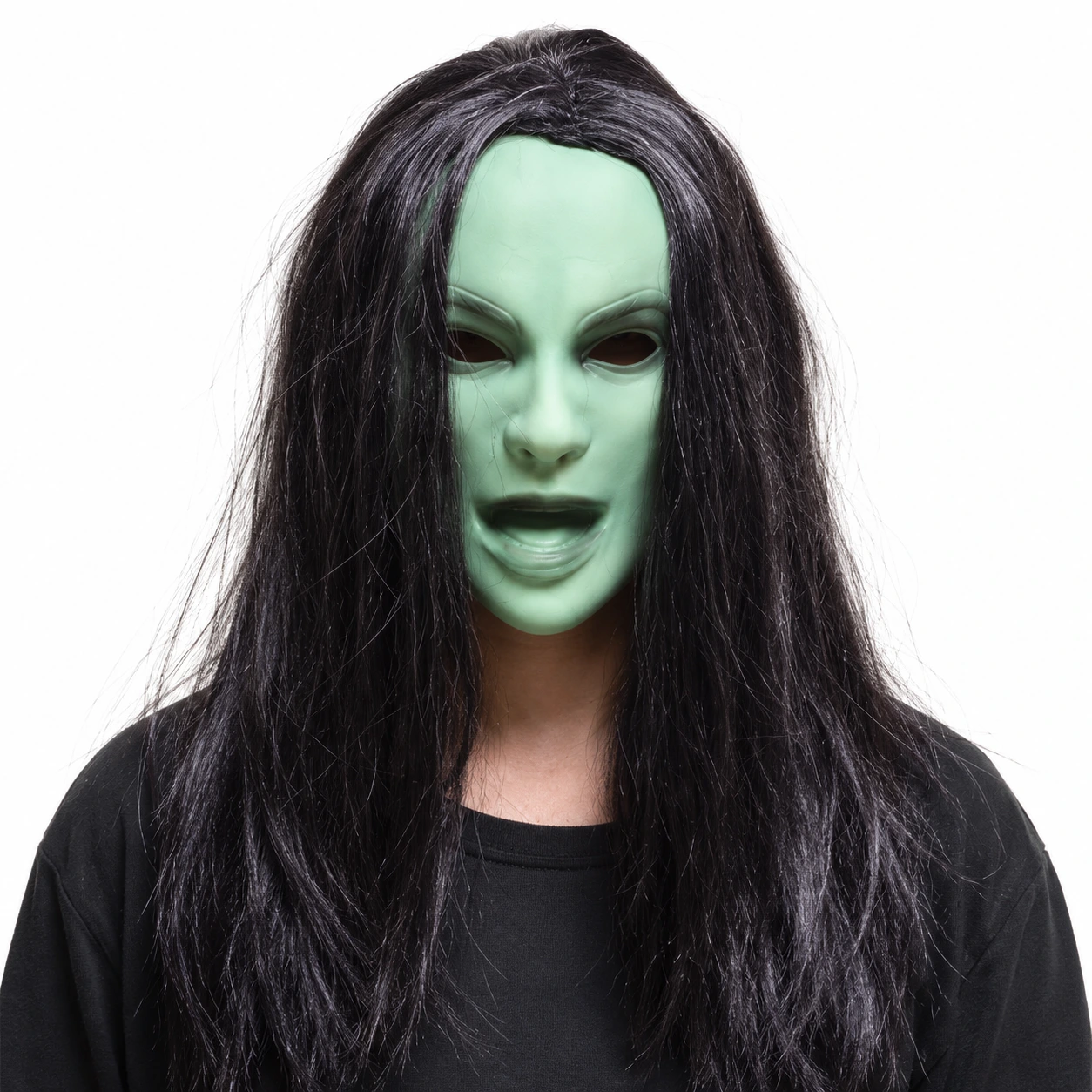 Mask spöke med lång svart peruk, grön
