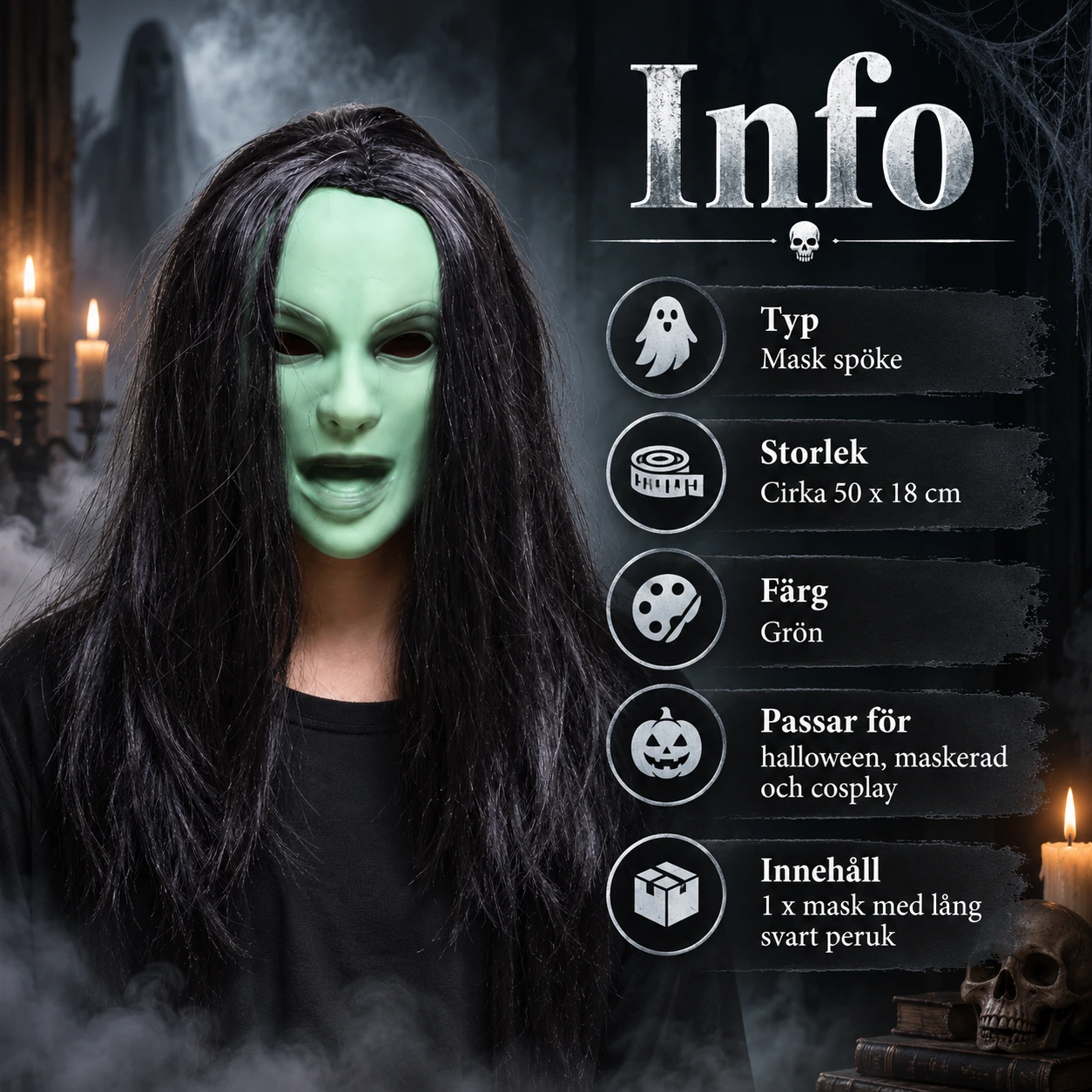 Mask spöke med lång svart peruk, grön