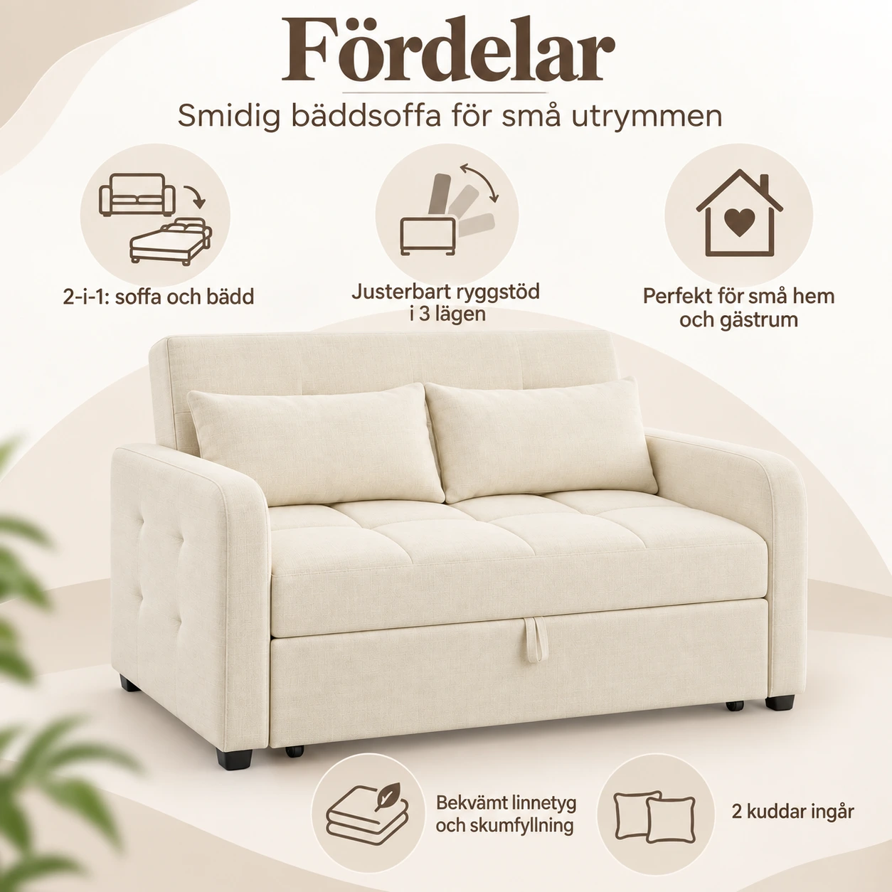 Bäddsoffa med justerbart ryggstöd för små utrymmen
