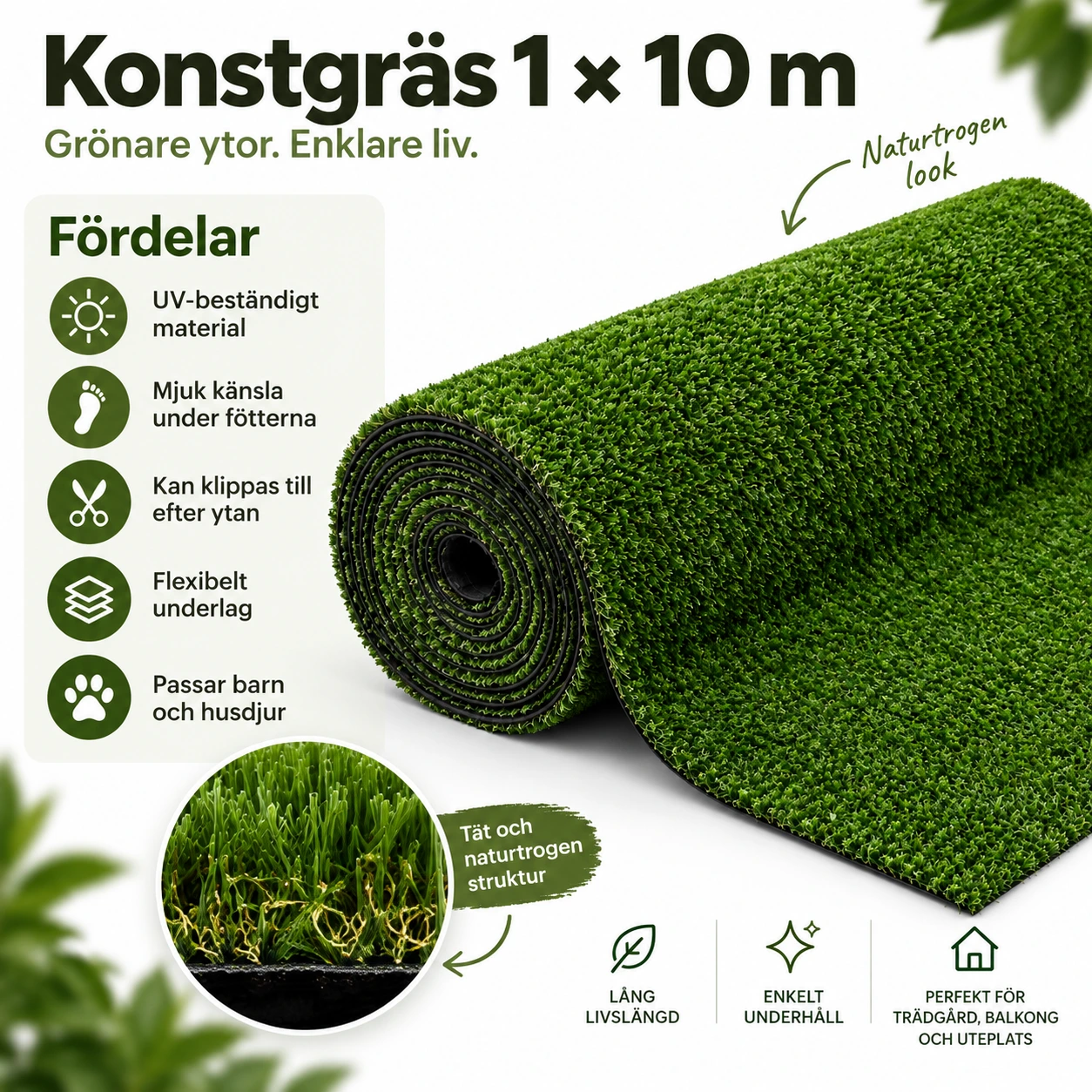 Konstgräs för Trädgård, Balkong och Uteplats – Grönt 1 × 10 m
