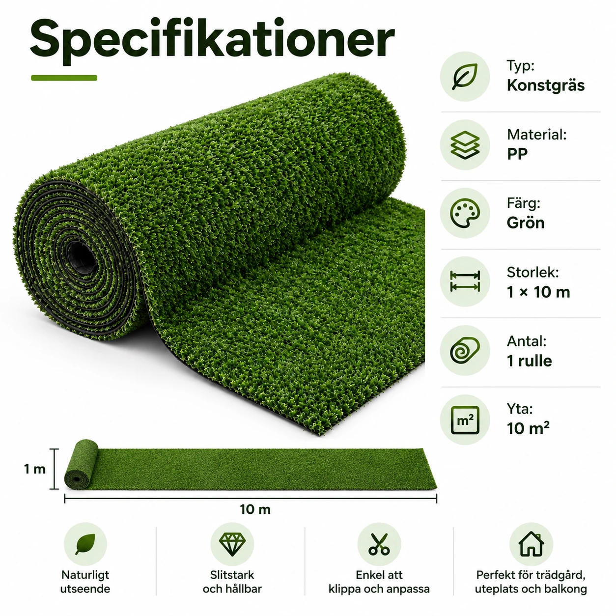 Konstgräs för Trädgård, Balkong och Uteplats – Grönt 1 × 10 m