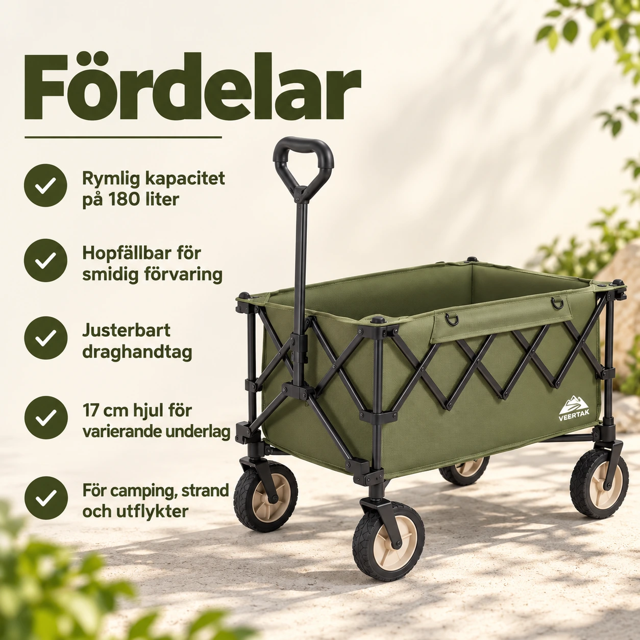 Hopfällbar transportvagn för camping med 180 l kapacitet