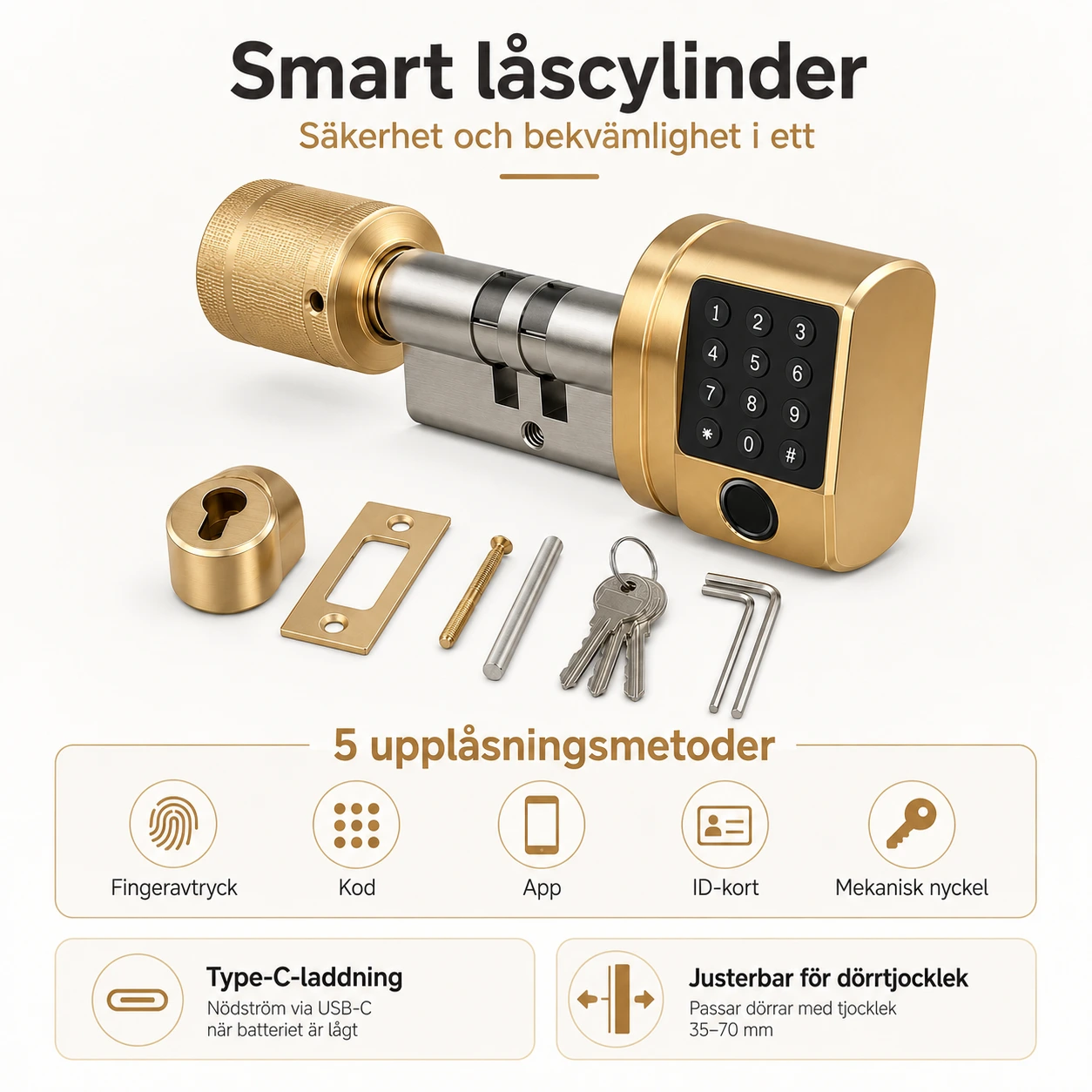 Smart låscylinder för dörr med fingeravtryck och kod