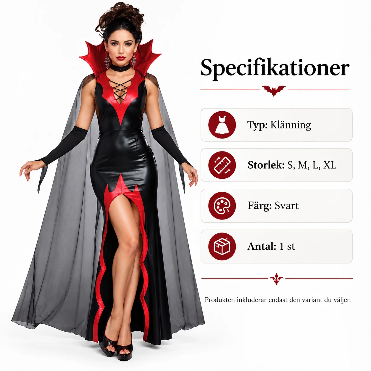 Vampyrkjole for dame med kappe, svart og rød