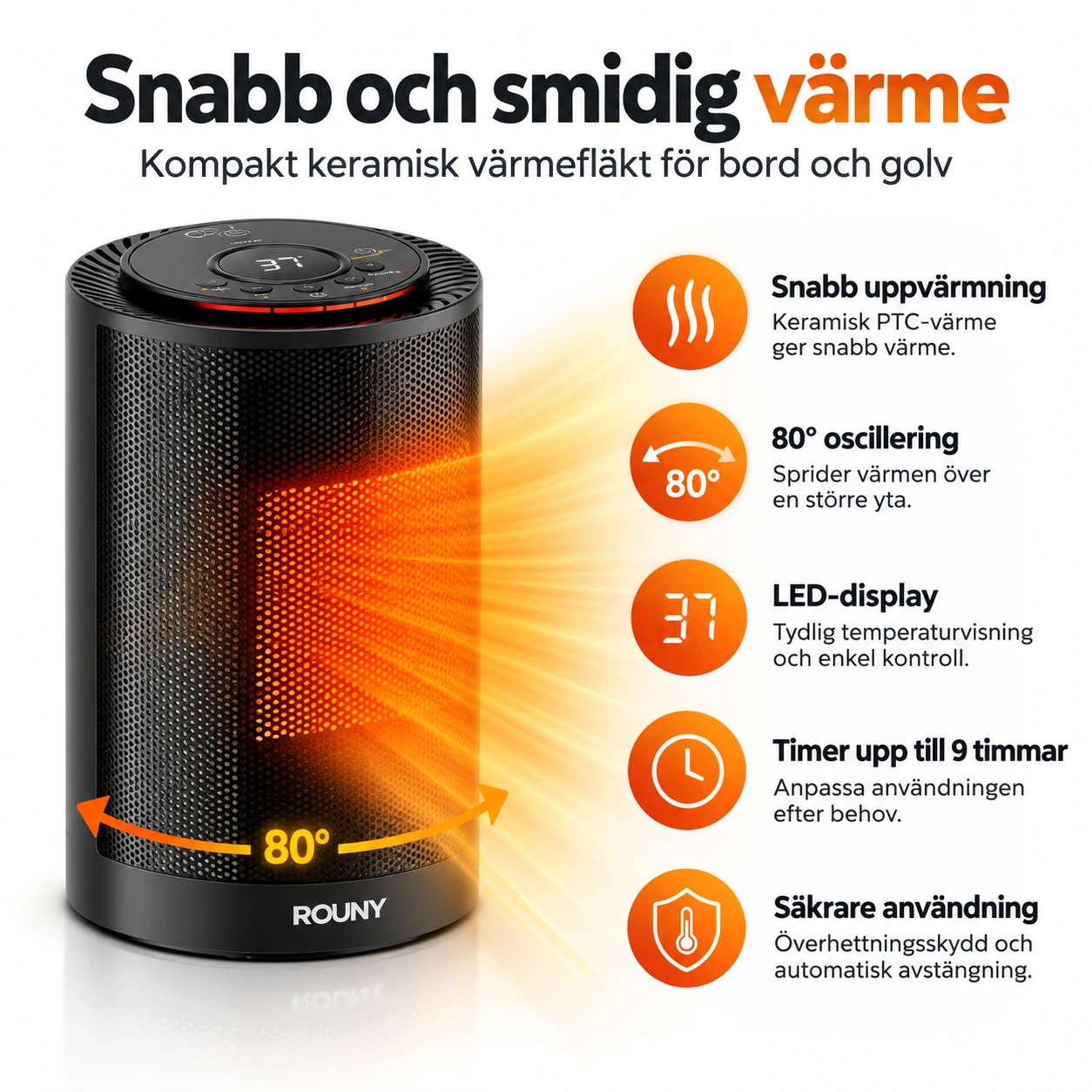 Keramisk värmefläkt för bord och golv med LED-display