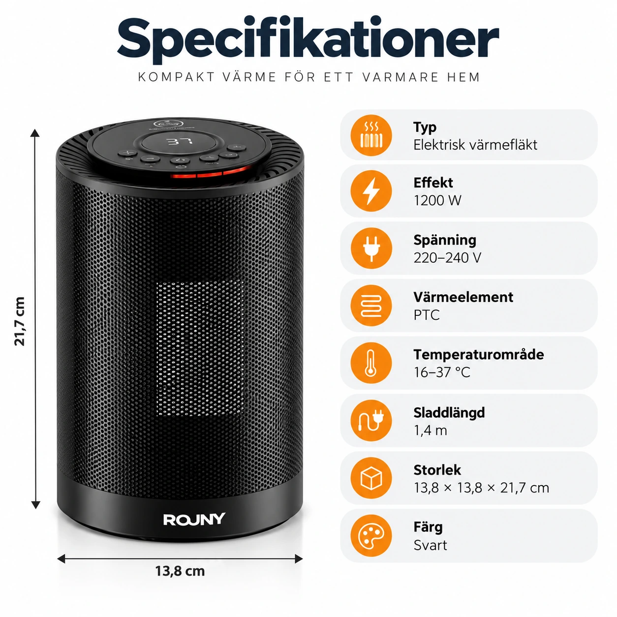 Keramisk värmefläkt för bord och golv med LED-display