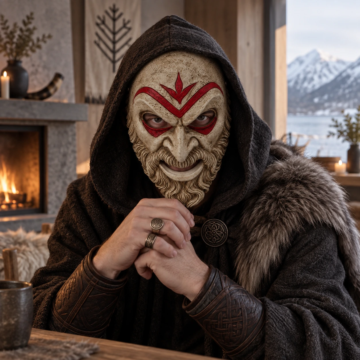 Antik Stil Skäggig Helmask med Röda Markeringar