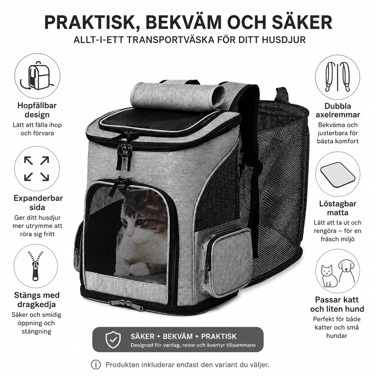 Husdjursryggsäck för katt och liten hund, hopfällbar