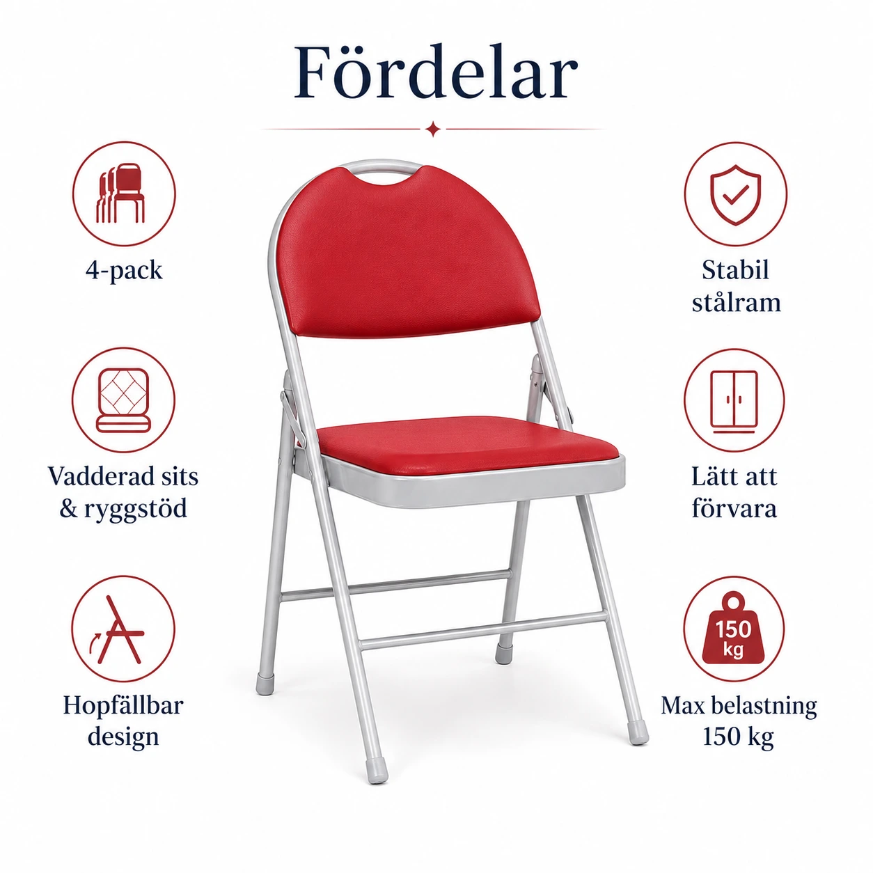 Fällstolar 4-Pack Röda med Vadderad Sits och Ryggstöd