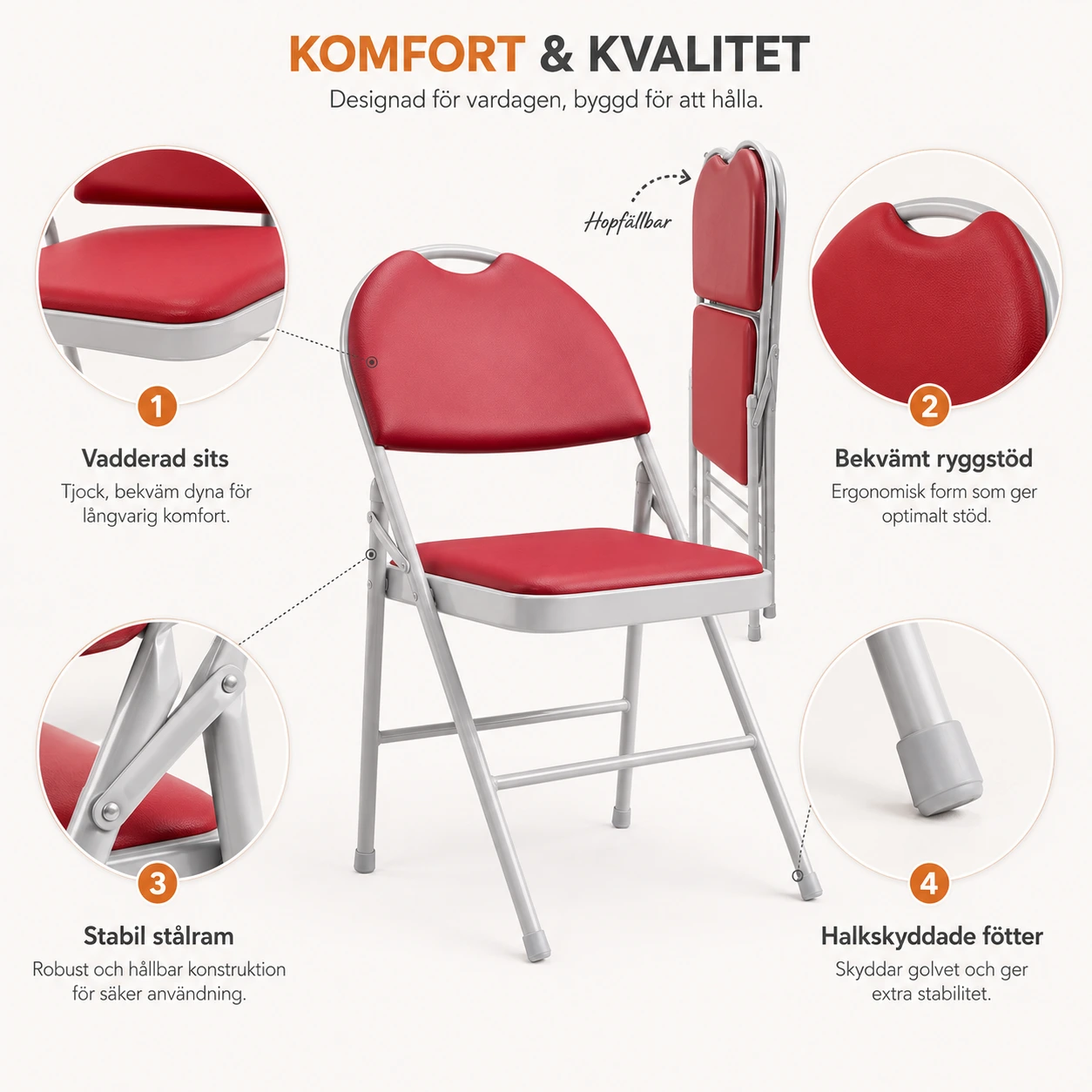 Fällstolar 4-Pack Röda med Vadderad Sits och Ryggstöd