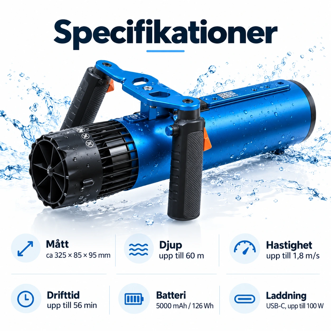 Undervattensskoter med 60 m djup och utbytbart batteri
