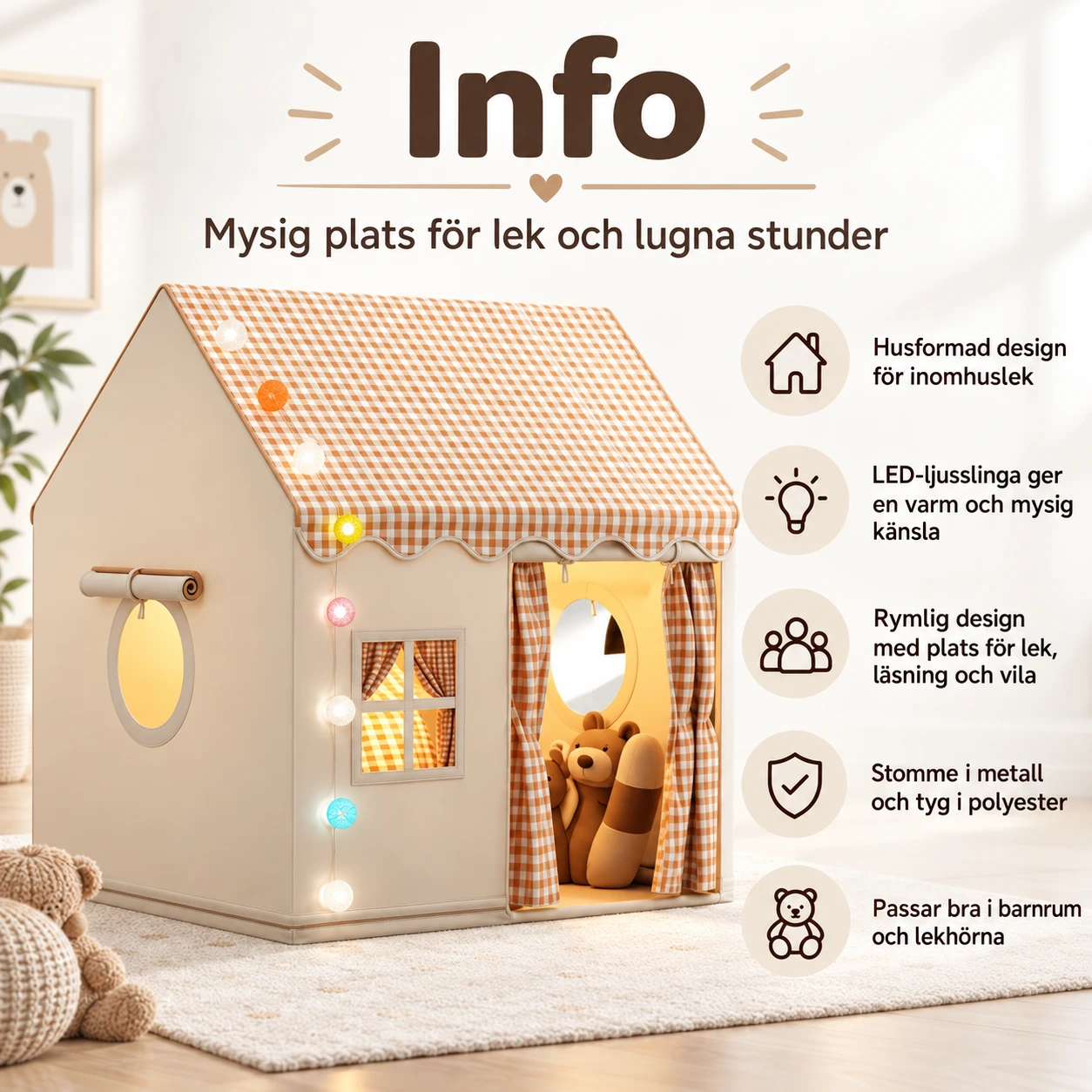 Lektält för barn inomhus med LED-ljusslinga