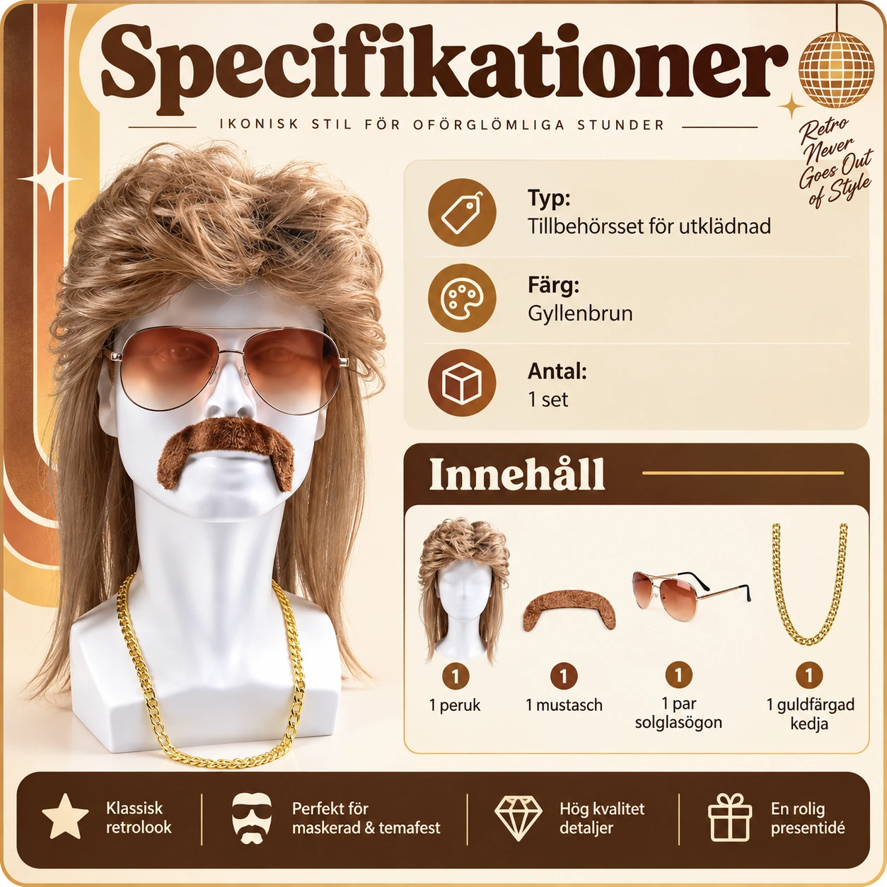 Tillbehörsset herr med peruk, mustasch och solglasögon