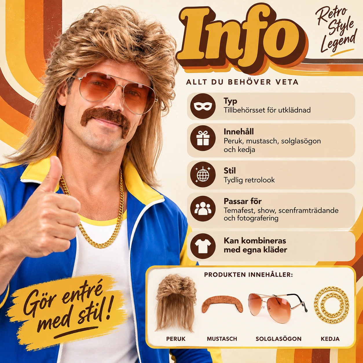 Tillbehörsset herr med peruk, mustasch och solglasögon