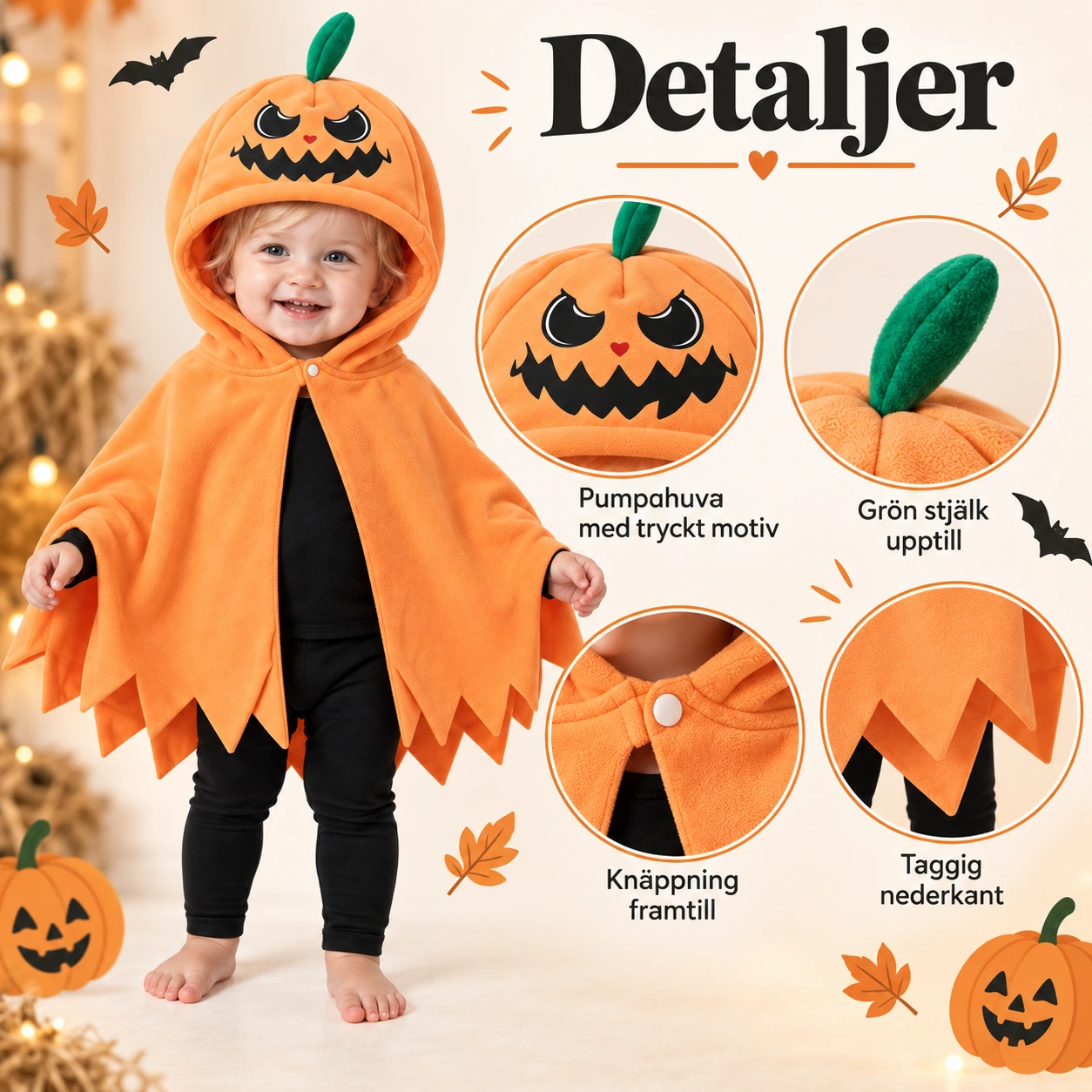 Halloweencape för småbarn med pumpaluva