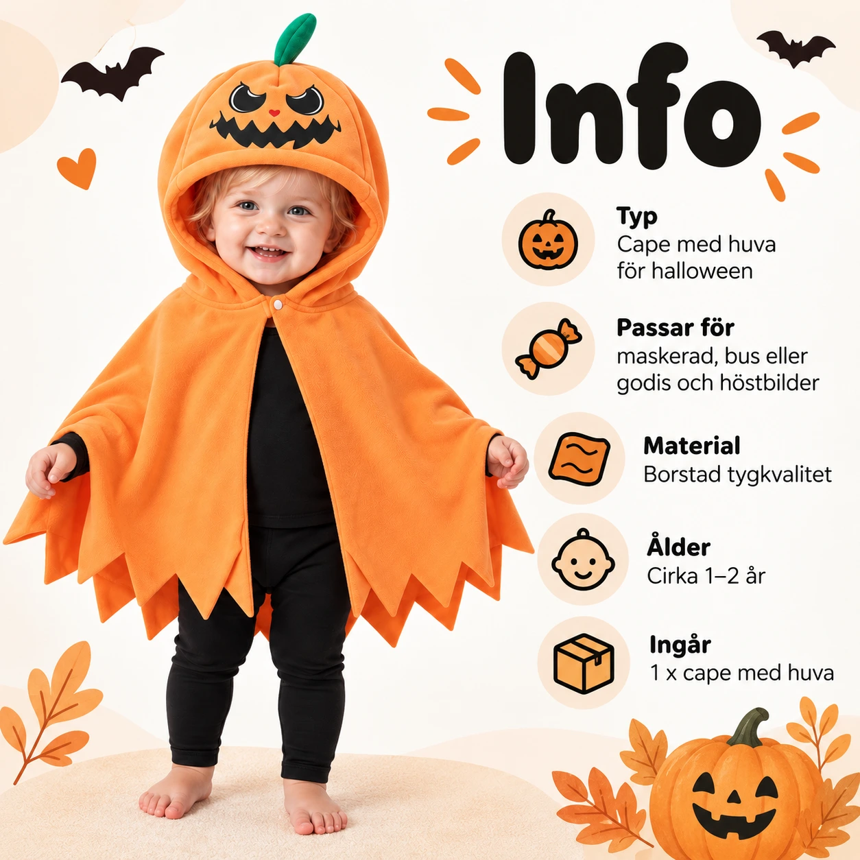 Halloweencape för småbarn med pumpaluva