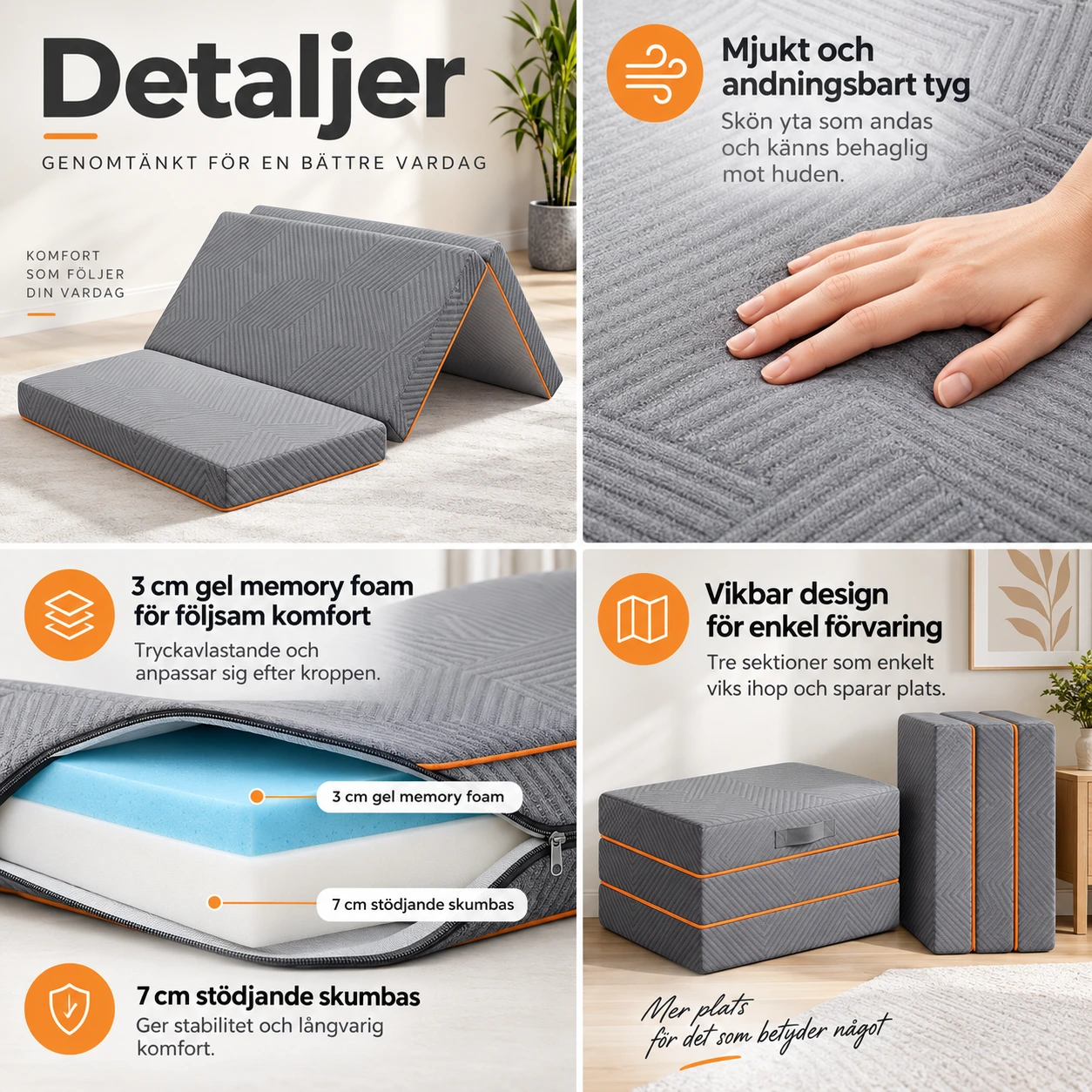 Vikbar madrass i gel memory foam för gästsäng och camping