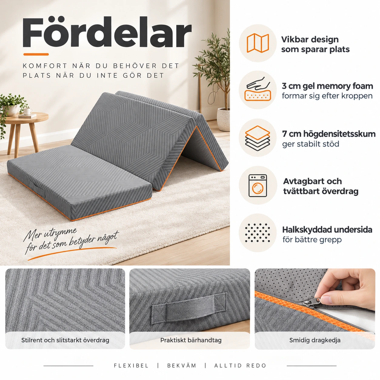 Vikbar madrass i gel memory foam för gästsäng och camping