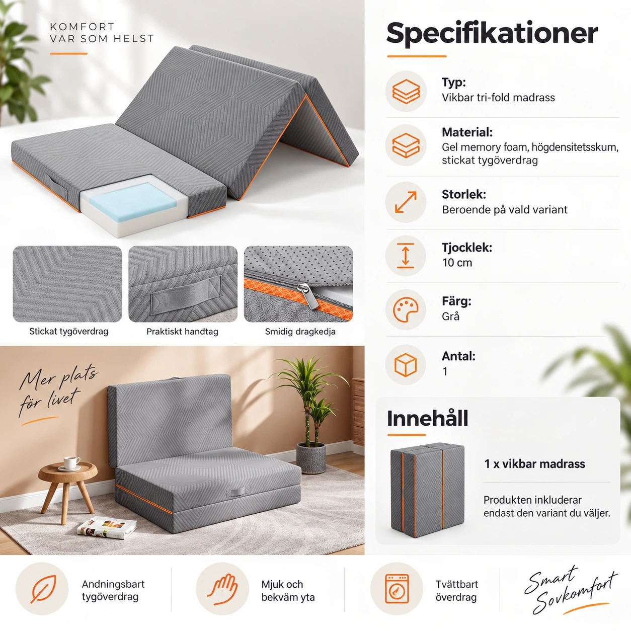 Vikbar madrass i gel memory foam för gästsäng och camping