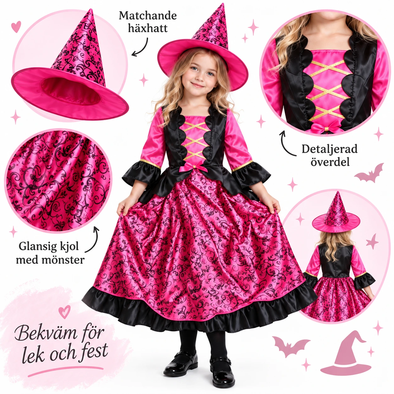 Häxdräkt barn med klänning och hatt rosa