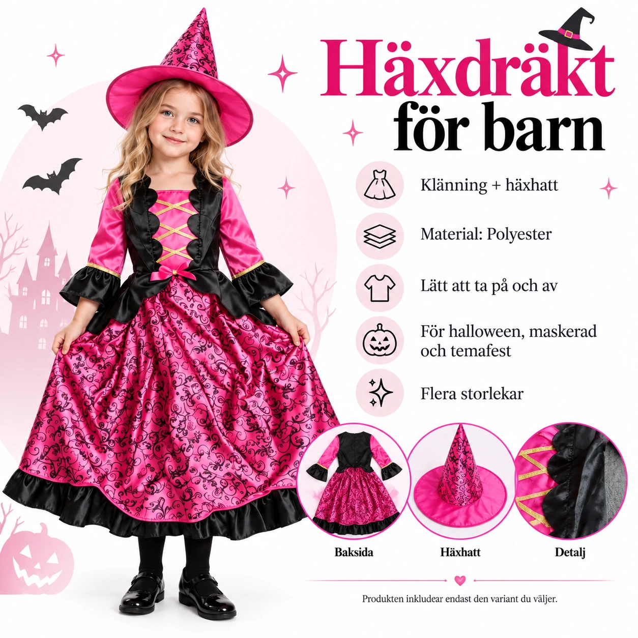 Häxdräkt barn med klänning och hatt rosa