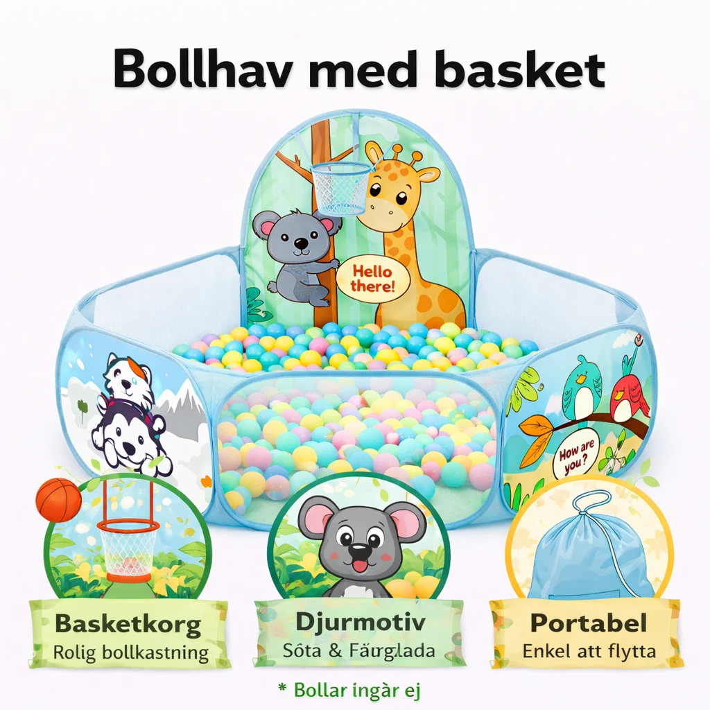 Bollhav med basket – ljusblå lekpool med djurdesign