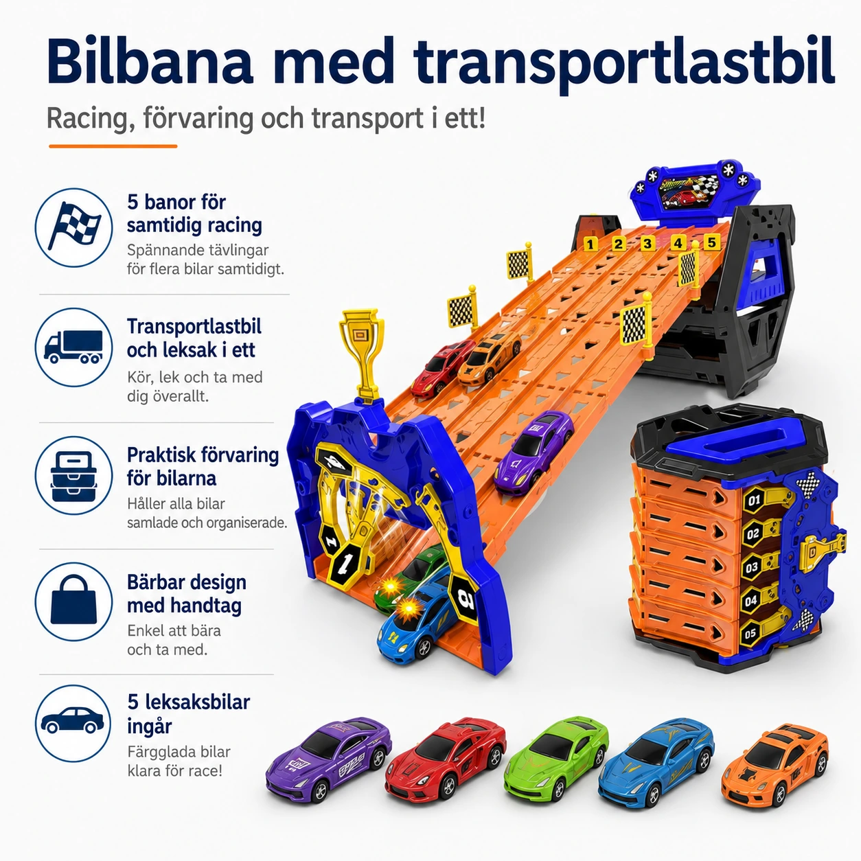 Bilbana med transportlastbil och 5 leksaksbilar