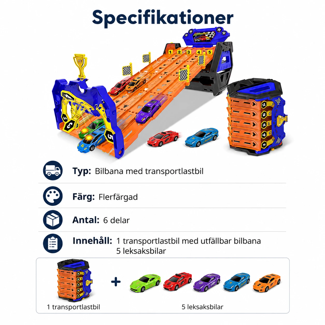 Bilbana med transportlastbil och 5 leksaksbilar