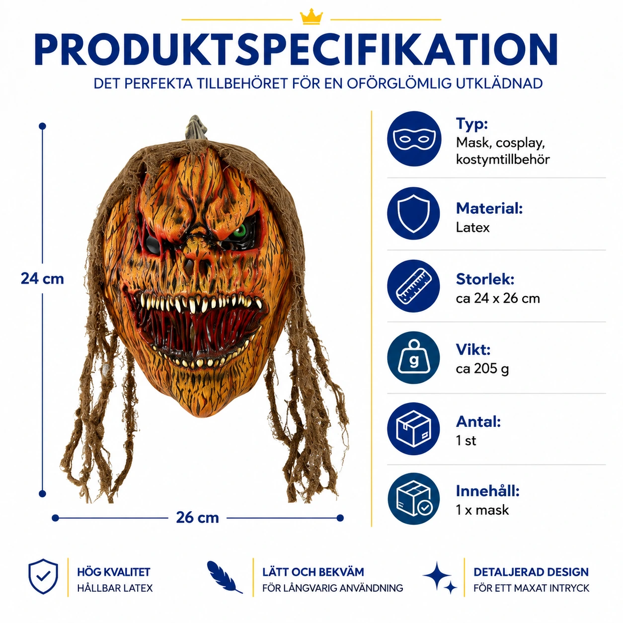 Pumpamask för halloween och cosplay i latex