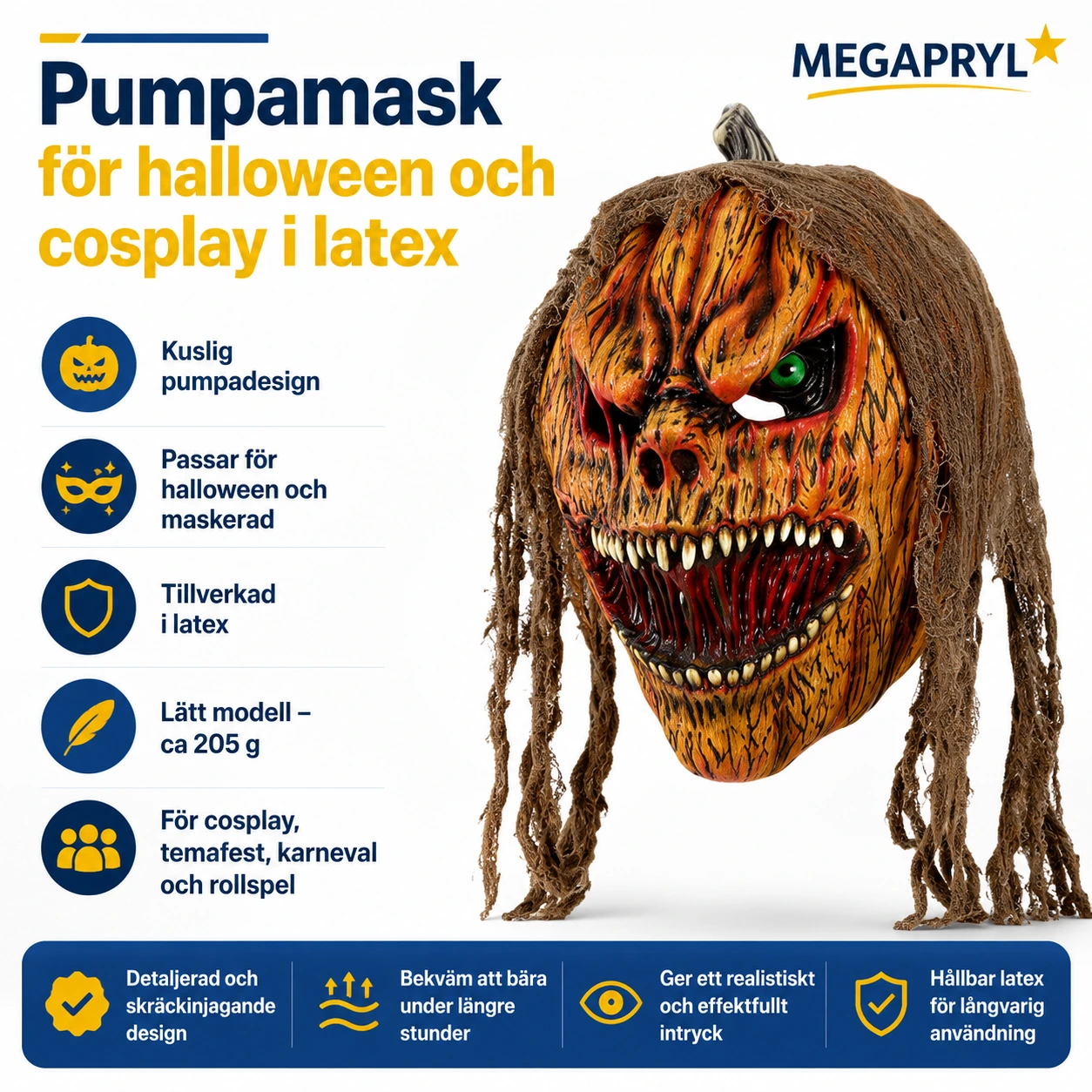 Pumpamask för halloween och cosplay i latex