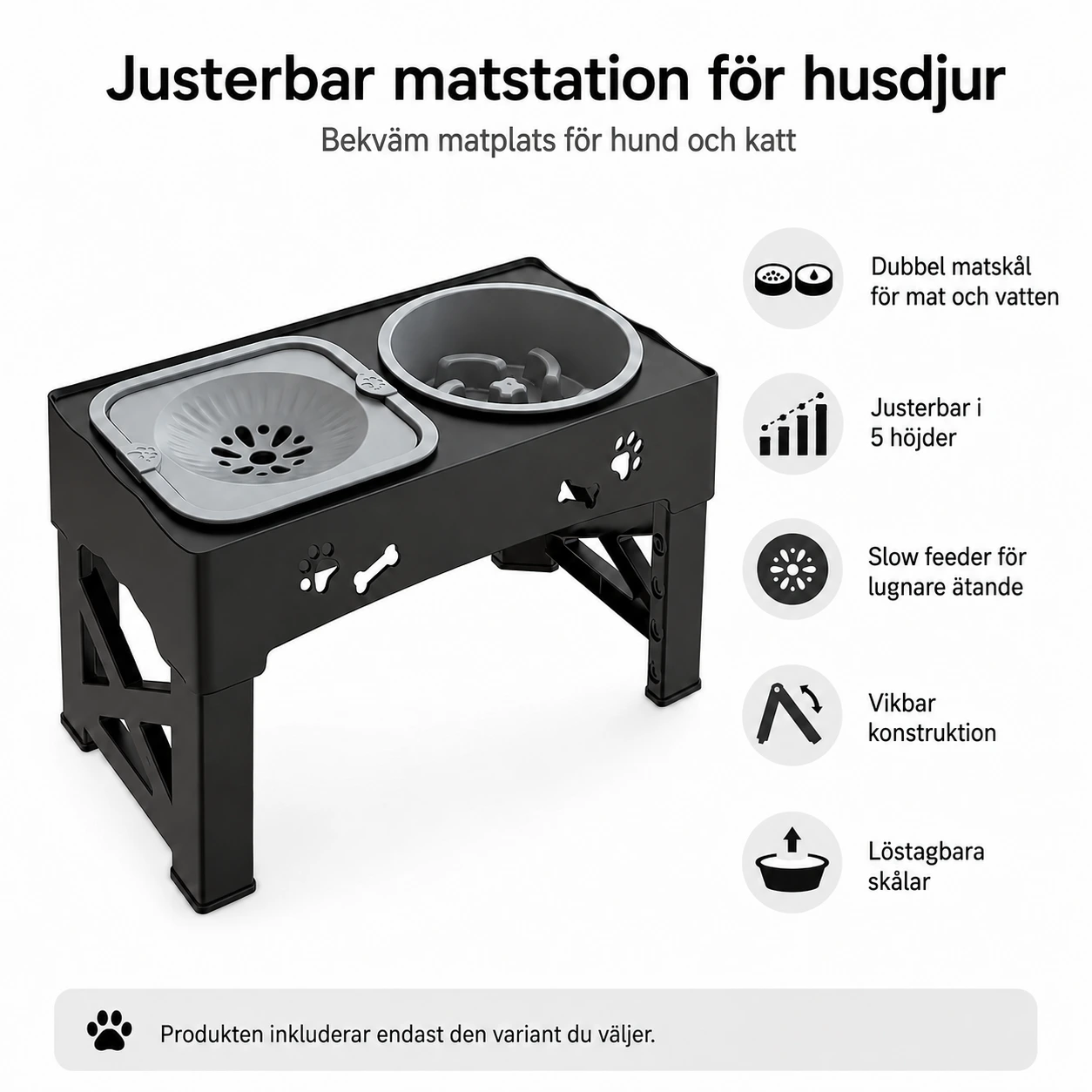 Upphöjd matskål för husdjur med justerbar höjd och slow feeder