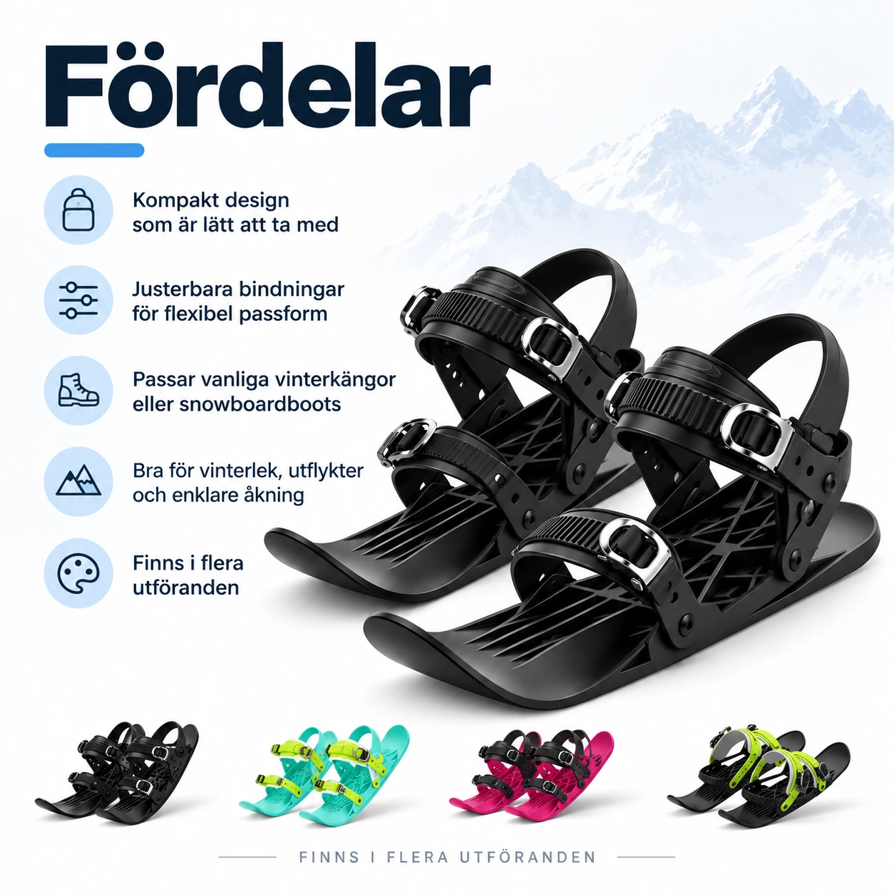Korta snöskidor med justerbara bindningar